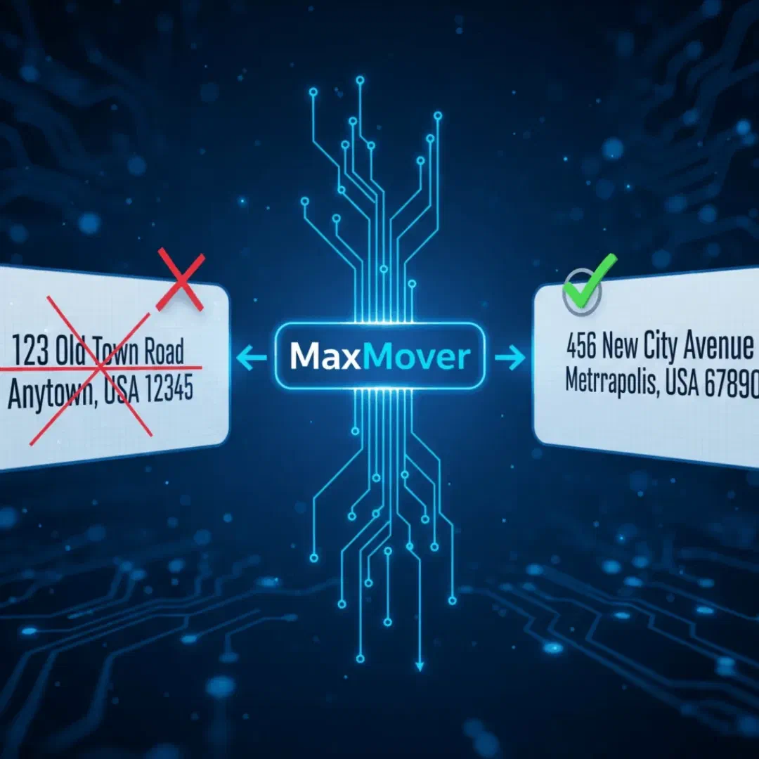 MaxMover replacing an old address, 123 Old Town Road, with the new address, 456 New City Avenue